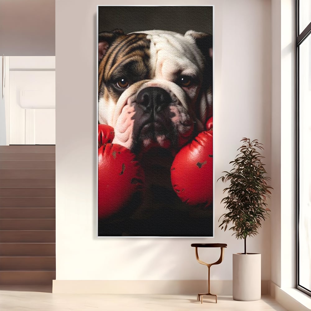 Tablou canvas cu tablou canvas cu bulldog in manusi de box, in rama de aluminiu argintiu